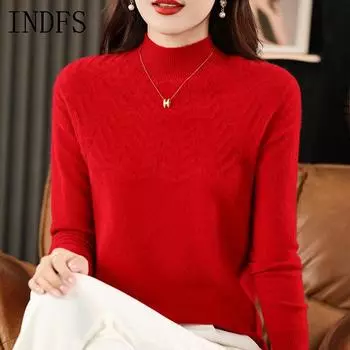 INDFS Женская мода Повседневный Осень Зима Однотонный Принт Длинный Рукав Полуводолазка Свитера S