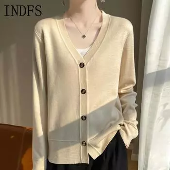 INDFS Женская мода Повседневный Осень Зима Однотонный Принт Длинный Рукав V-образный Вырез Свитера M бежевый