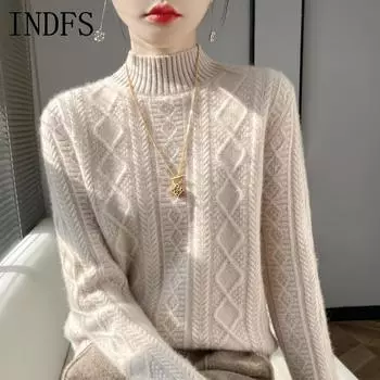 INDFS Женская мода Повседневный Осень Зима Однотонный Принт Длинный Рукав Полуводолазка Свитера S бежевый