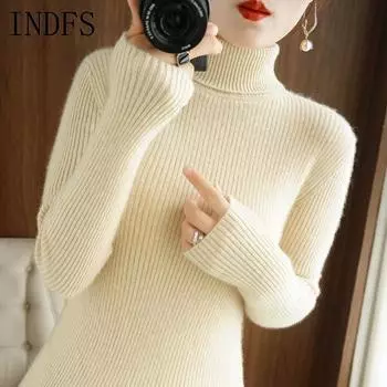 INDFS Женская мода Повседневный Осень Зима Однотонный Принт Длинный Рукав Высокий Воротник Свитера M бежевый