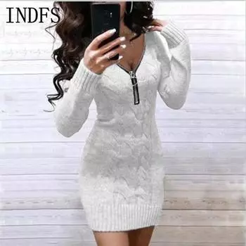 INDFS Женская мода Повседневный Осень Зима Однотонный Принт Длинный Рукав V-образный Вырез Свитера S белый