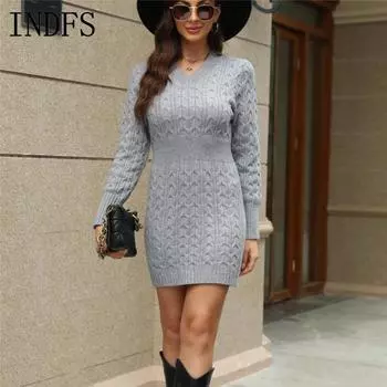 INDFS Женская мода Повседневный Осень Зима Однотонный Принт Длинный Рукав V-образный Вырез Свитера S белый