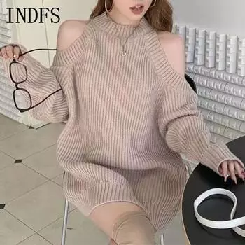INDFS Женская мода Повседневный Осень Зима Однотонный Принт Длинный Рукав Полуводолазка Свитера Size: One Size белый