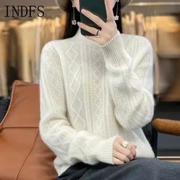 INDFS Женская мода Повседневный Осень Зима Однотонный Принт Длинный Рукав Полуводолазка Свитера S