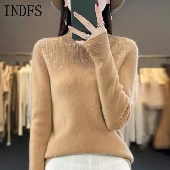 INDFS Женская мода Повседневный Осень Зима Однотонный Принт Длинный Рукав Полуводолазка Свитера M бежевый