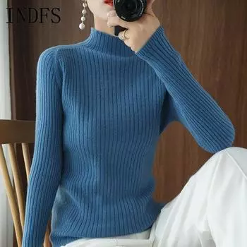 INDFS Женская мода Повседневный Осень Зима Однотонный Принт Длинный Рукав Полуводолазка Свитера One Size белый