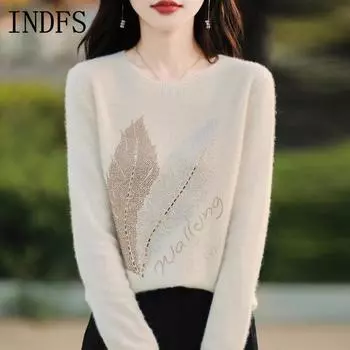 INDFS Женская мода Повседневный Осень Зима Перо Принт Длинный рукав O-образный вырез свитера M бежевый