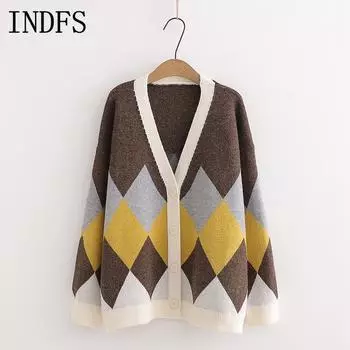INDFS Женская мода Повседневный Осень Зима Ромбовидный Принт Длинный Рукав V-образный Вырез Свитера S жёлтый