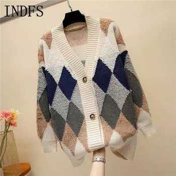 INDFS Женская мода Повседневный Осень Зима Ромбовидный Принт Длинный Рукав V-образный Вырез Свитера Size: One Size красный