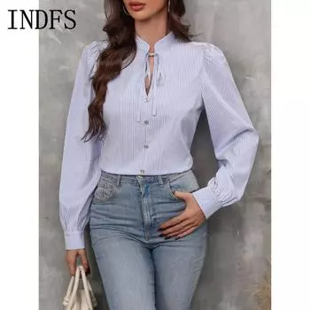 INDFS Женская мода Повседневный полосатый принт Весна Осень Длинные рукава V-образный вырез Пуловеры и длинные рукава S зелёный