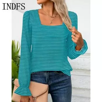 INDFS Женская мода Повседневный полосатый принт Весна Осень Длинный рукав Квадратный воротник Пуловеры и длинные рукава S белый