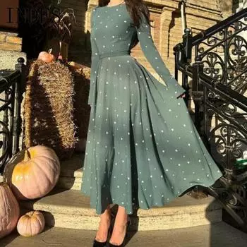 INDFS Женская мода Весенне-осенние повседневные платья с длинным рукавом и круглым вырезом с высокой талией S