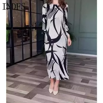INDFS Женская мода Весенне-осенние повседневные платья с длинным рукавом и круглым вырезом с высокой талией S