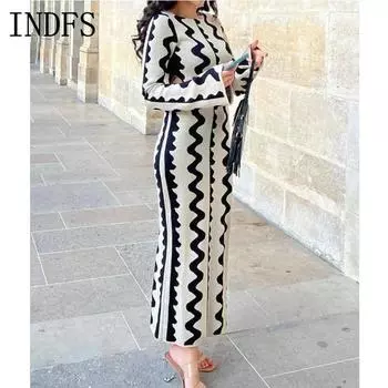 INDFS Женская мода Весенне-осенние повседневные платья с длинным рукавом и круглым вырезом с высокой талией S