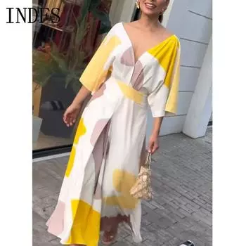 INDFS Женская мода весна осень цветные блоки принт длинный рукав V-образный вырез высокая талия повседневные платья S