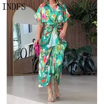 INDFS Женская мода весна осень цветочный узор принт длинный рукав поло воротник высокая талия повседневные платья S