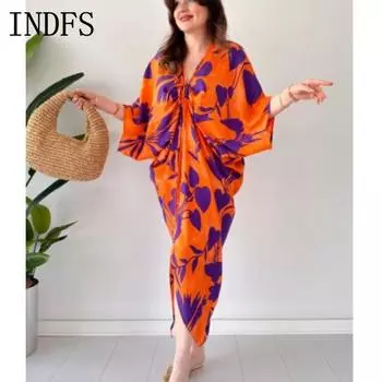 INDFS Женская мода весна осень длинный рукав V-образный вырез свободная талия повседневные платья S
