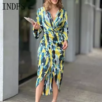 INDFS Женская мода весна осень длинный рукав поло воротник высокая талия повседневные платья M