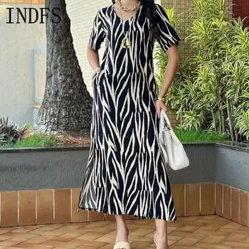INDFS Женская мода весна осень длинный рукав V-образный вырез свободная талия повседневные платья S