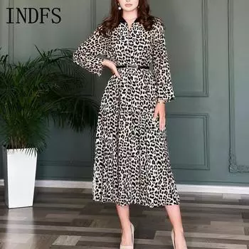 INDFS Женская мода весна осень леопардовый принт длинный рукав V-образный вырез высокая талия повседневные платья S