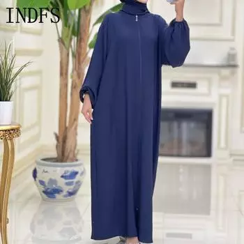 INDFS Женская мода весна осень однотонный принт длинный рукав свободная талия повседневные платья M/L синий