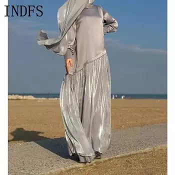 INDFS Женская мода весна осень однотонный принт длинный рукав свободная талия повседневные платья S