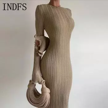 INDFS Женская мода весна осень однотонный принт с длинным рукавом и круглым вырезом с высокой талией повседневные платья S