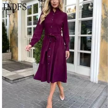 INDFS Женская мода весна осень однотонный принт длинный рукав поло воротник высокая талия повседневные платья S розовый