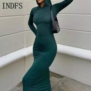 INDFS Женская мода весна осень однотонный принт длинный рукав с капюшоном высокая талия повседневные платья S хаки