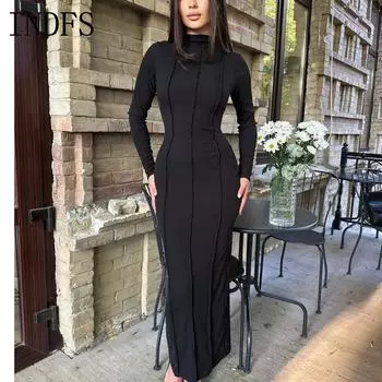 INDFS Женская мода весна осень однотонный принт с длинным рукавом и круглым вырезом с высокой талией повседневные платья S серый