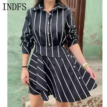 INDFS Женская мода весна осень полосатый принт длинный рукав поло воротник высокая талия повседневные платья S