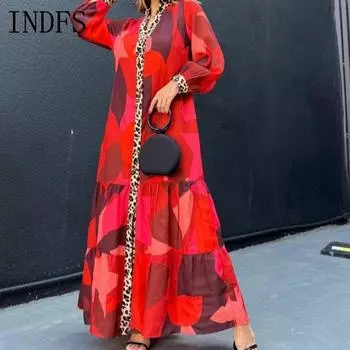 INDFS Женская мода весна осень с длинным рукавом и круглым вырезом свободная талия повседневные платья S