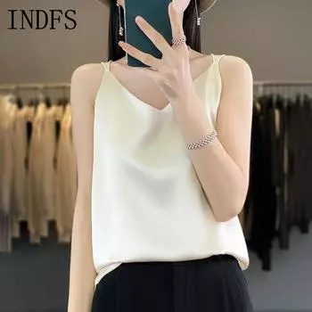 INDFS Женские модные повседневные летние весенние блузки и рубашки без рукавов с v-образным вырезом S чистый белый