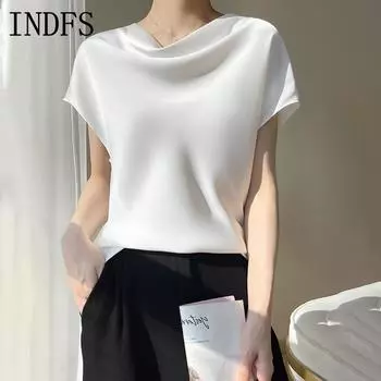 INDFS Женские модные повседневные летние весенние однотонные блузки и рубашки с короткими рукавами с принтом L