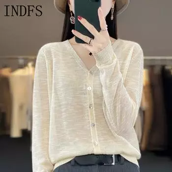 INDFS Женские модные повседневные летние весенние однотонные блузки и рубашки с v-образным вырезом и длинными рукавами с принтом M