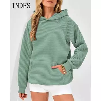 INDFS Женские модные повседневные однотонные худи и свитшоты с капюшоном и длинными рукавами с принтом S зелёный
