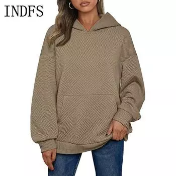 INDFS Женские модные повседневные однотонные худи и свитшоты с капюшоном и длинными рукавами с принтом S хаки