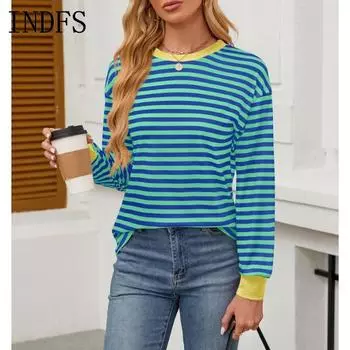 INDFS Женские модные повседневные пуловеры с круглым вырезом и длинными рукавами, весна-осень с полосатым принтом S зелёный