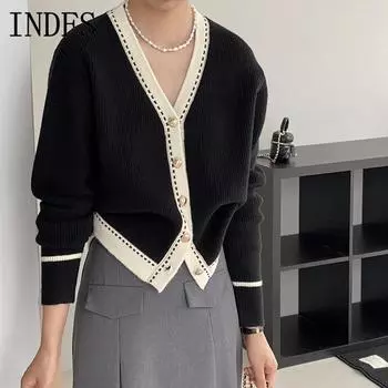 INDFS Женские модные повседневные свитера с длинным рукавом и V-образным вырезом на осень-зиму Size: One Size чёрный