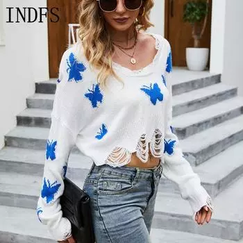 INDFS Женские модные повседневные свитера с длинным рукавом и круглым вырезом на осень-зиму S белый