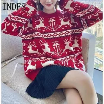 INDFS Женские модные повседневные свитера с длинным рукавом и круглым вырезом на осень-зиму S красный