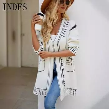 INDFS Женские модные повседневные свитера с длинным рукавом и V-образным вырезом на осень-зиму S белый