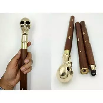 India Brass Skull Handle Wood walking stick cane 3 part easily open Walking Stick