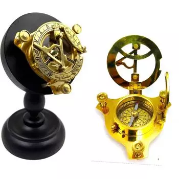 India Brass Sundial compass triangle sun clock with wood Display Stand nautical Compass (Gold)