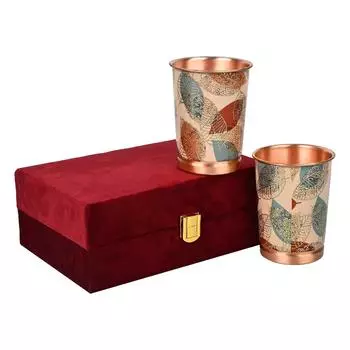 India Copper Premium Yellow Gold Leaf Design Set of Two Glass with Elegant Gift Box, 250 ML