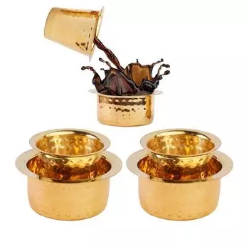 Indian Brass Coffee Cup Dawara/Dabara & Tumbler for Serving Filter Coffee/Tea/Traditional kumbakonam Brass Dabara - | Hammered Matt - 150ml (Set of 3)