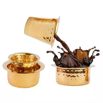 Indian Brass Coffee Cup Dawara/Dabara & Tumbler for Serving Filter Coffee/Tea/Traditional kumbakonam Brass Dabara - | Hammered Matt - 150ml (Set of 2)