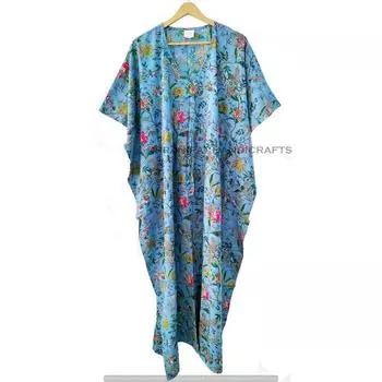 Индийский Селеста Синий Длинный Цветочный Принт Хлопок Макси Женское Ночное Платье Кафтан Платье CKFTN-SCRN-FULL-BUYIT-145