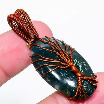 Индийский моховой агат драгоценный камень медная проволока обертка ювелирное изделие кулон 2.01 p7Y80 зелёный