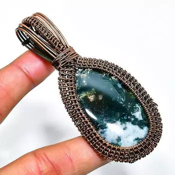 Индийский моховой агат драгоценный камень ручная работа медная проволочная подвеска 3.15 3.15 зелёный